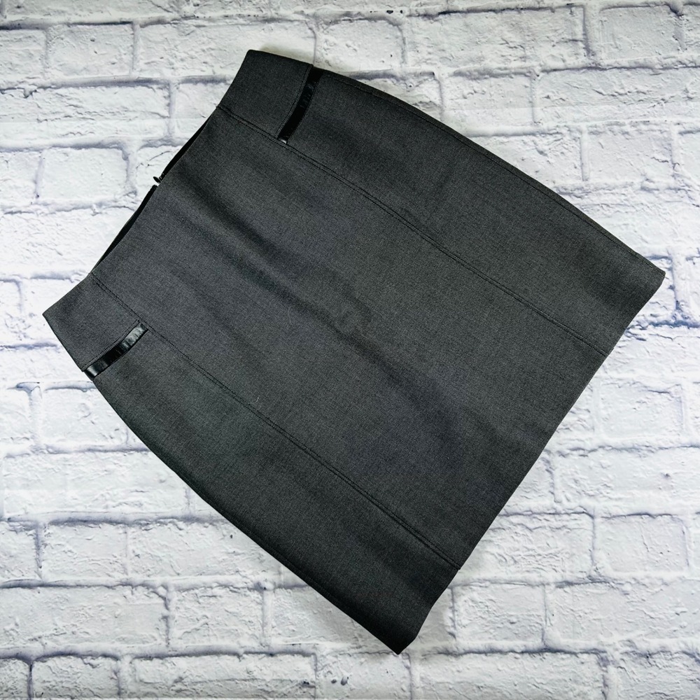 White House Black Market Black Grey Pencil Skirt Faux Leather Trim Size 8